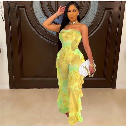 VAZN 2021 New Bandage Sexy Tie Dye Print Lady Women Sleeve Strapless Party Beach Jumpsuits Full Pant Bandage Rompers