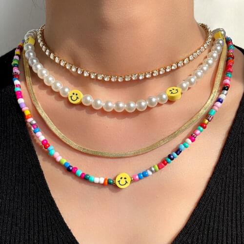 4 Pcs/Set Rhinestone Choker Smile Face Imitation Pearls Beaded Necklace Colorful Acrylic Rice Bead Strand Metal Snake Necklaces
