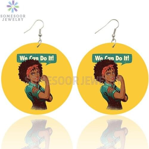 SOMESOOR You Can Do it Black Girl Power Printed Wooden Drop Earrings Melanin Strength Art Design Loops Dangle For Women Gifts
