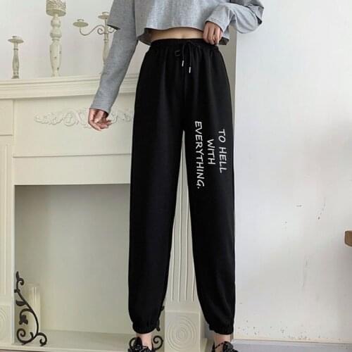 2021 Women Korean Letter String Print Plus Size Harajuku Wide Leg Fleece Joggers Casual High Waist Femme Fall Black Sweat Pants