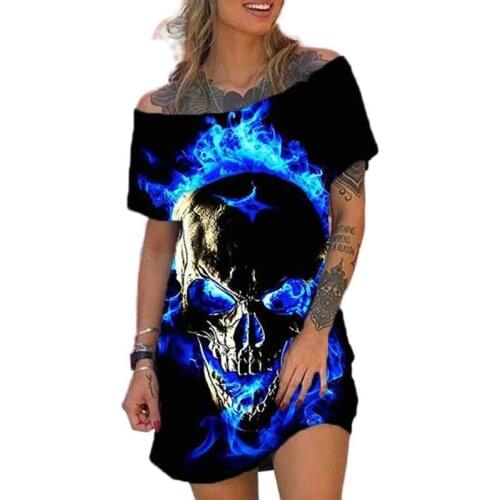 Halloween 2021 Dresses Women Horror Skull Streetwear Romantic Rose Printing Robe Femme One Word Collar Trend Casual Vestidos