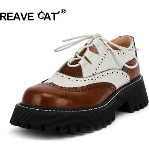 Genuine Leather Lace-Up Women Shoes Fashion Hollow Carved Handmade Brogue Shoes Mixed Colors Round Toe Platform Shoes S2184