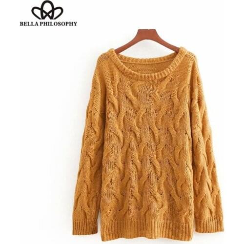 Bella Philosophy basic solid color o neck Eight strands knitting loose sweater long sleeve pullovers autumn female casual tops