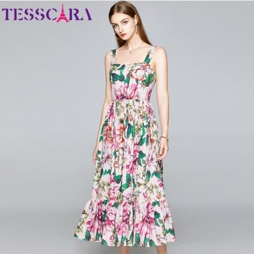TESSCARA Women Summer Elegant Floral Dress Festa High Quality Long Vintage Party Robe Femme Sleeveless Designer Casual Vestidos
