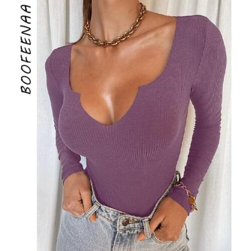 BOOFEENAA Sexy Low Cut Long Sleeve Bodysuits Women Clothes Fashion Fall 2021 Solid Color Ribbed Knitted Long Sleeve Top C85-BA17