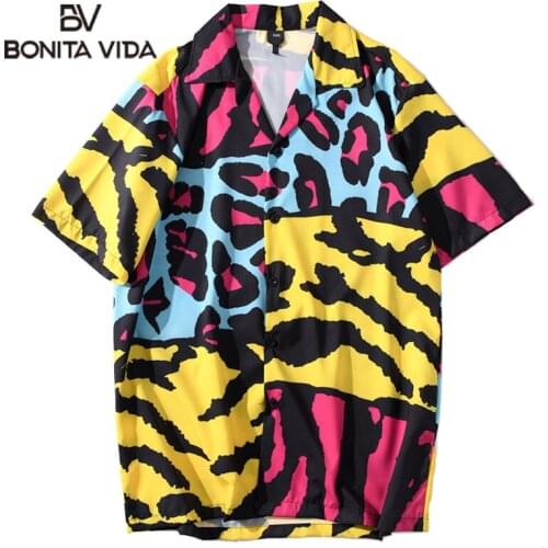 Bonita Vida Hip Hop Leopard Printed Beach Tropical Shirts Summer Hawaiian Short Sleeve Shirts For Men Fashion Tops