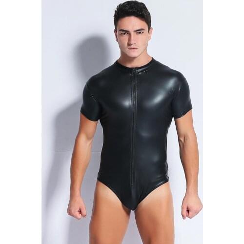 Black Sexy Mens Leather Bodysuit PU Latex Catsuit Men Sexy Lingerie Patent Leather One Piece Leotard Wet Look Gay Club Wear