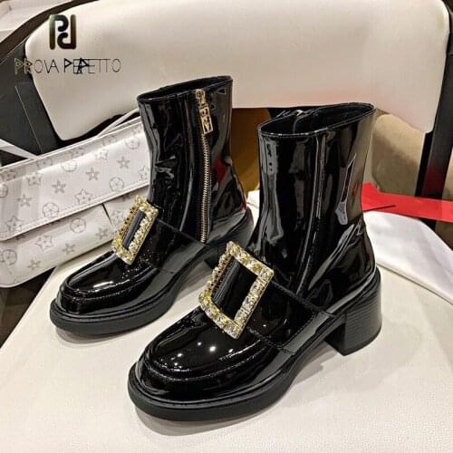 2021 Hot Patent Leather Crystal Square Toe Woman Martin Boots Designer Brand Luxury Ankle Boots for Autumn Winter