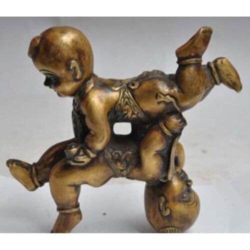 China folk bronze wealth yuanbao ingot boy lad girl Virgins lucky rich statue