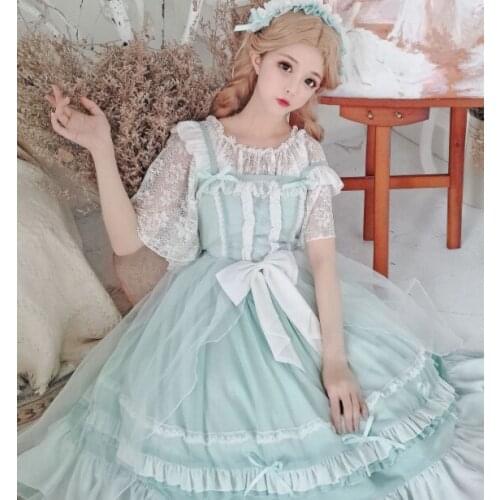 Lolita Sweet and Lovely Style Miss Pearl Jsk Suspender Dress Japan Print Dress Girls Kawaii Bow Party Princess Dresses