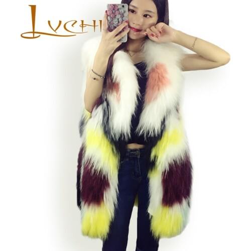 LVCHI Genuine Leather Winter Fashion Warm Natural Fox Fur Jacket V Neck Colorful Striped Fur Coat Womens Clothing Fox Furs Vest