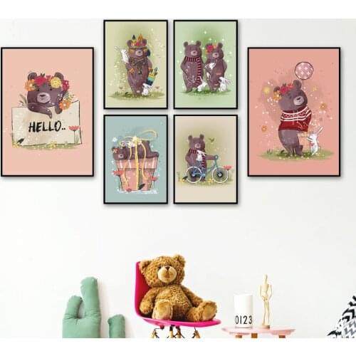 Cartoon Bear Rabbit Bike Flower Animals Nordic Posters And Prints Wall Art Canvas Painting Nursery Wall Pictures Kids Room Decor