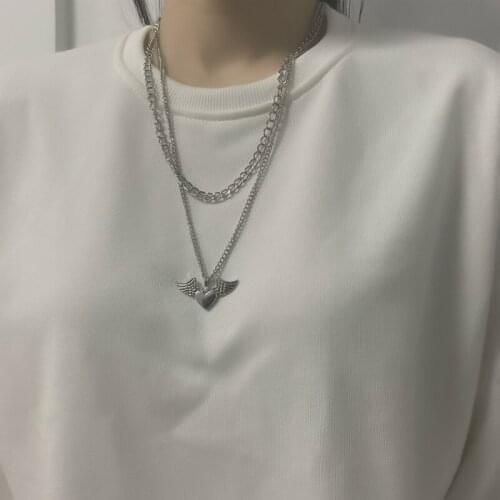 QiLuxy 2Pcs/Set Fly Heart Pendant Necklaces Fashion Multi-layer Hip Hop Chain Necklaces for Women Jewelry Gift