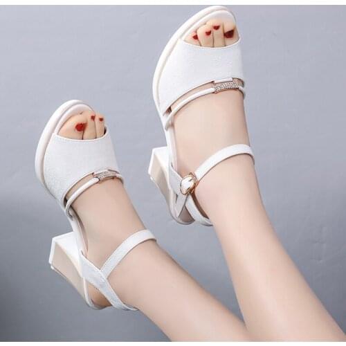 2021 Women Ladies Peep Toe Square Roman Sandals White Pink Summer Women Hollow Thick-Soled Sandals Open Toe Shoes