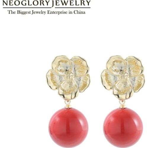 Neoglory Anti Allegy Red Pearl With Metal Flower Drop Earrings For Women Trendy Flower Earrings Valentines Day Gifts