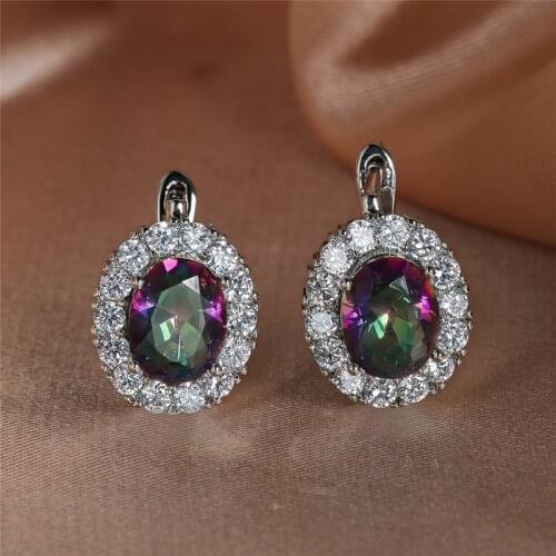 Multicolor Zircon Big Oval Stone Hoop Earrings For Women Wedding Jewelry Vintage Fashion Rainbow Crystal Silver Color Earrings