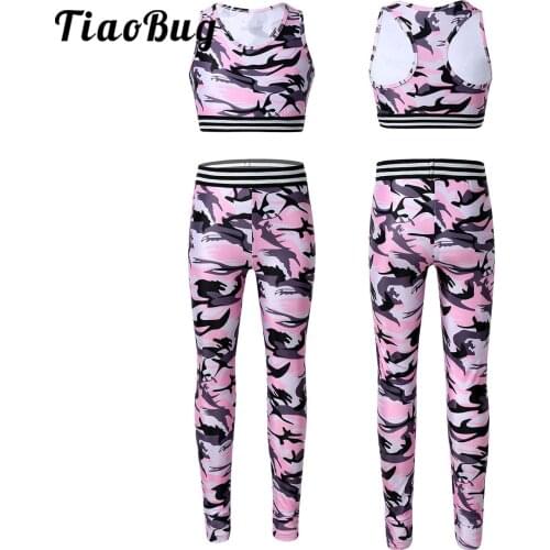 TiaoBug Kids Girls Tracksuit Camouflage Printed Stretchy Crop Top with Leggings Pants Performance Ballet Gymnastics Dance Wear