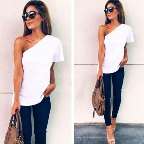 One Single Shoulder Style Ladies T-Shirts 2021 New Summer Women T Shirt Cotton Casual Solid Color Short Sleeve O-Neck Tees Tops