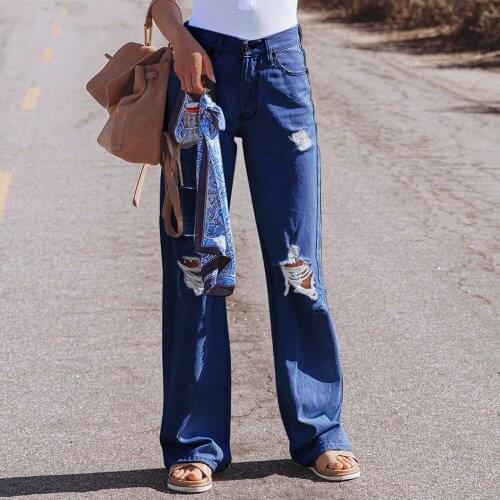 Women Fashion Wash Hole High Waist Jeans Casual Wide Leg Denim Pants Women Hip Hop Loose Ripped Jeans