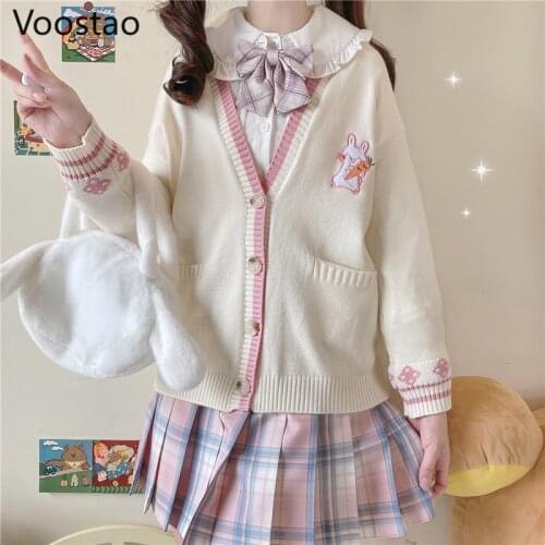 Spring Autumn Sweet Lolita Carrot Rabbit Knitted Cardigan Girls Kawaii Chic Bunny Embroidery JK Sweater Winter Women Cute Coats