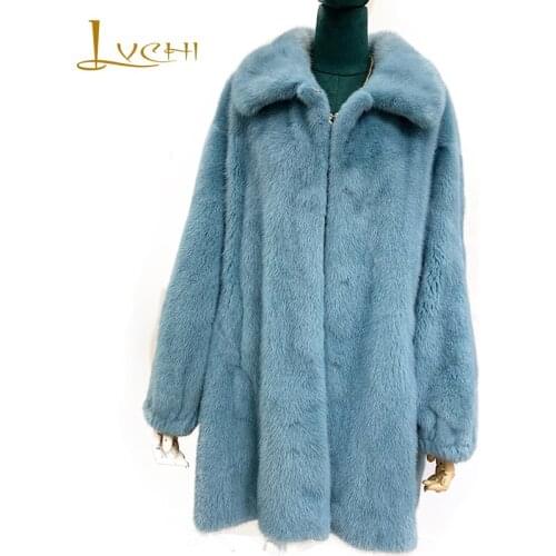 LVCHI 2019 Winter Velvet Mink Fur Coat Women Slim Loss Long Sleeve Real Fur Coat Soft Medium Turn-Down Collar Mink Fur Coats