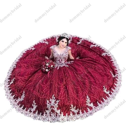 Vestido De 15 Ball Gown Burgundy Glitter Sequin Tulle 2021 Quinceanera Prom Dresses Gold Lace Embroidery Corset Crystal Charro