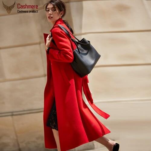 Womens coat double-sided water ripple cashmere coat long hand-stitched wool coat female autumn winter double-breasted red coat