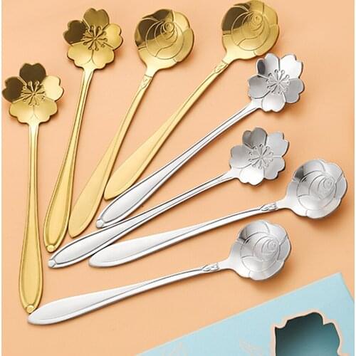 2Pcs/set Tea Coffee Mixing Spoon Gold Spoon Long Handle Dessert Stainless Steel Vintage Teaspoons Drink Tableware Flowers Design