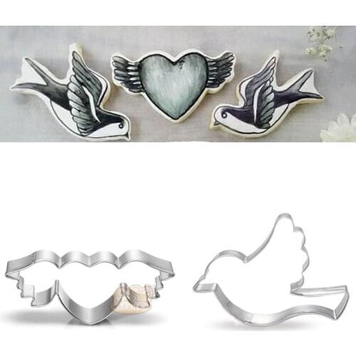 2pcs patisserie reposteria Flying Heart Peace Dove Metal Cookie Cutter Mold Fondant Cake Decor Tool Pastry Shop Biscuit Mould