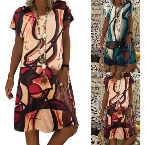 2021 Fashion Women Dress Short Sleeve All-match Skin-friendly Summer Autumn Beach Printed Loose Dress for Travel