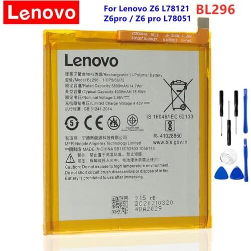 LENOVO BL296 4000mAh Original Battery For Lenovo Z6 L78121 Z6pro / Z6 pro L78051 Battery + Free Tools