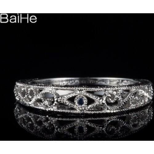 BAIHE Solid 14K White Gold 0.01CT H/SI Round Sapphire Wedding Women Vintage Fine Jewelry Sapphire Ring