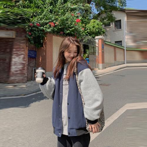 Basic Jackets Women Plus Velvet Winter Baseball Coats Warm Outwear Patchwork Loose Student BF Harjauku Street Wear Ins Preppy