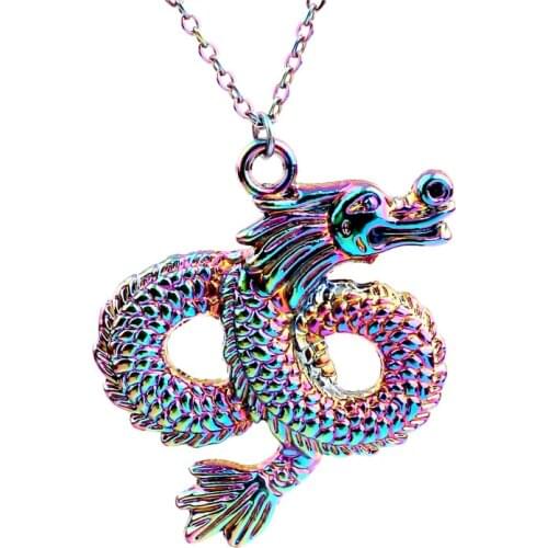 10pcs Rainbow Color Alloy big dragon Necklace free Stainless Steel Chain for Women Girl Xmas Party Jewelry gifts