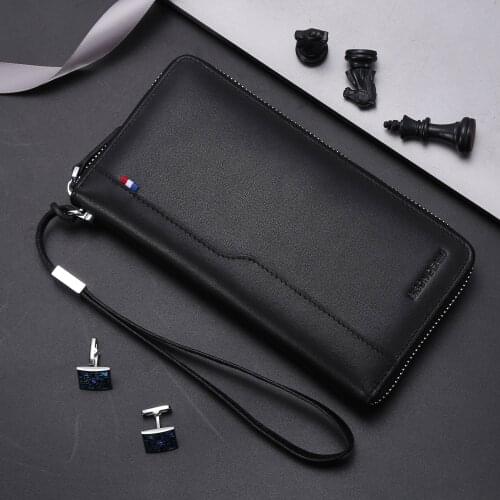 Bison Denim Black Business Genuine leather RFID Blocking Wallet Zipper Coin Pocket Long Purse Passport Cover For Men Card Holder