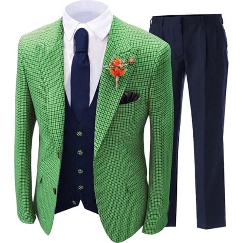Regular Fit Formal Mens Suits Plaid Wool Tweed Prom Tuxedos 3 Piece Solid Suit For Wedding Grooms (Blazer+Vest+Pants)