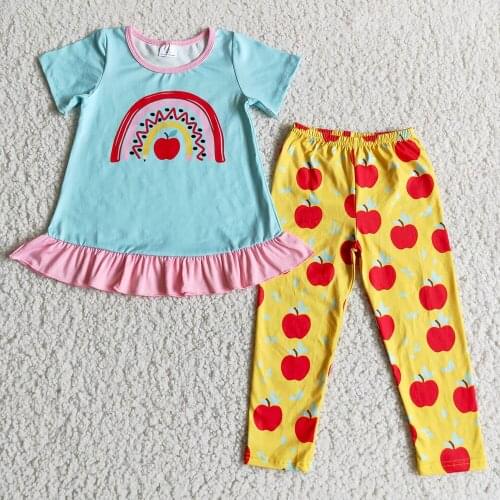 Back To School Kids Short Sleeve Outfit Girl Fashion Rainbow And Apples Print Tunic Top Match Pants Suit