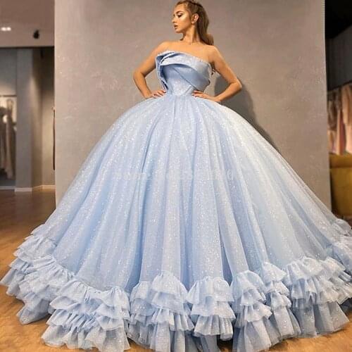 Baby Blue Strapless Ball Gown Evening Dress Floor-Length Prom Dress Beaded Formal Dress Celebrity Dress Middle East 2020 Dubai