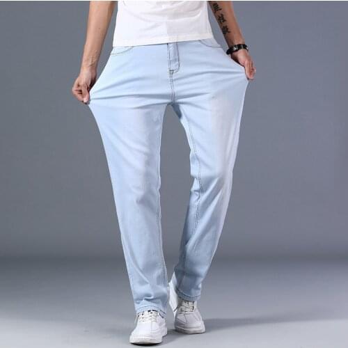 2021 New Advanced Stretch Loose Straight Casual Pants Thin Men Light Blue Jeans New Available Brand Plus Size 40 42 44