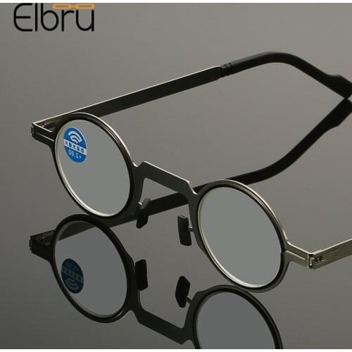 Elbru Fashion Anti Blue Light Reading Glasses Ultralight Metal Round Square Frame Clear Presbyopia Eyeglasses Diopters +1.0 +4.0