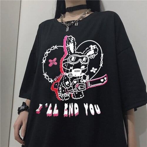 Japanese gothic bear cartoon Tees Ulzzang short-sleeved casual punk Harajuku shirt female plus size retro kawaii T-shirt