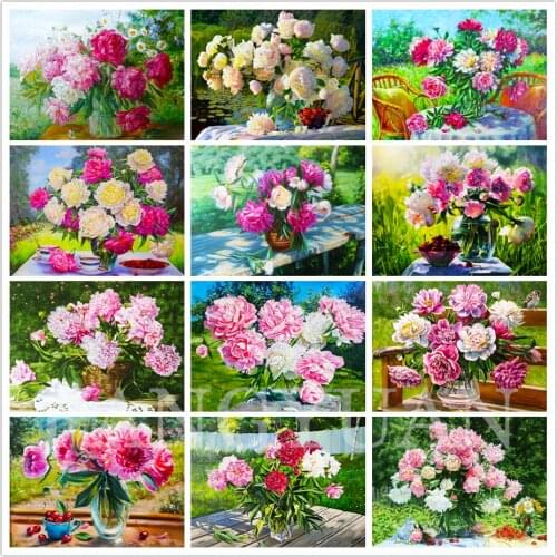 Peony Flowers 5D Diy Diamond Garden Scenery Diamond Embroidery Mosaic Full Layout Rhinestone Cross Stitch Kit Home Decoration