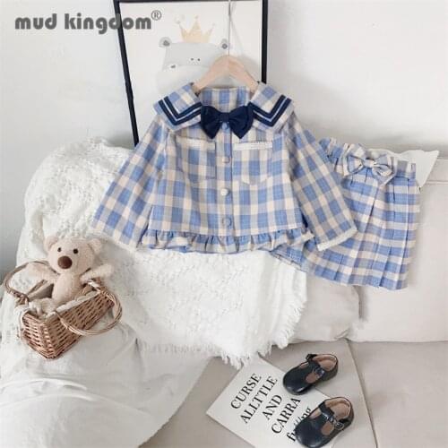 Mudkingdom Girls Plaid Set Sailor Collar Bow Pockets Long Sleeve Jacket Pleated Skirt College Style Sets for Kids School Outfits