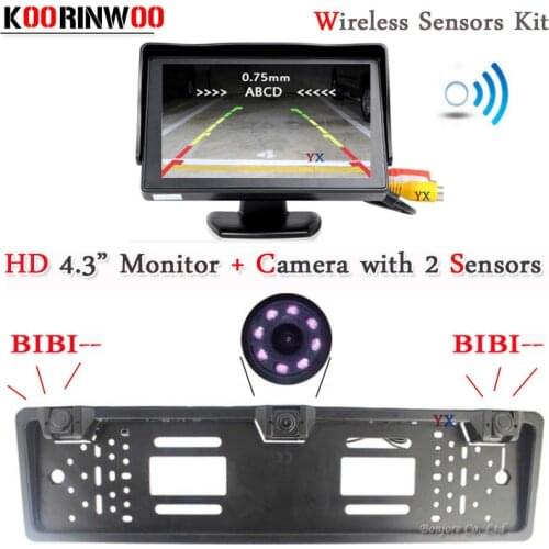 Koorinwoo EU Wireless parking Sensors 2 Parktronic European License Plate Frame Rear view camera Alarm Kit Car Monitor Mirror