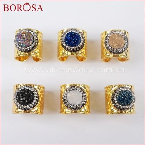 BOROSA Round Titanium Rainbow Quartz Stone Drusy Ring Gems,High Quality Crystal Paved Zircon Druzy Stone Gold Band Ring JAB755