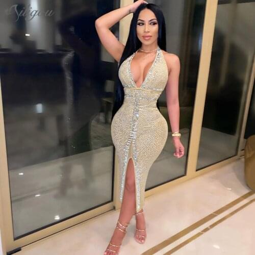 Ailigou Summer Ladies High Quality Sleeveless V-neck Sexy Fashion Halter Beaded See-through Mesh Bandage Dress Midi Party Dress