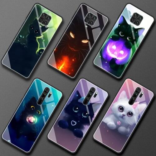 Cute Black White Cat Glass Case for Xiaomi Redmi Note 9s 9 8 10 Pro Poco X3 NFC Mi 11 9T 10T Lite 5G Tempered Phone Shell Cover