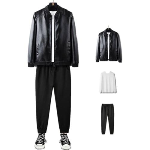 Mens 3 Piece Suits Baseball Faux Leather Jacket Stand Collar Warm Outwear Joggers Pants Crewneck Sweatshirt