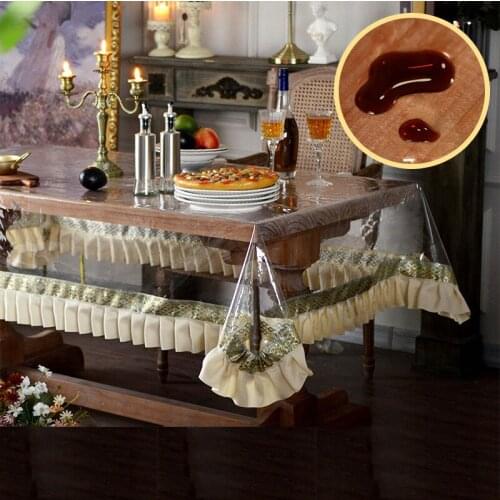 TPU Soft Transparent Tablecloth Silicone Waterproof Rectangular Ruffle Skirt Dining Table Cover Party Kitchen Stain Resistant