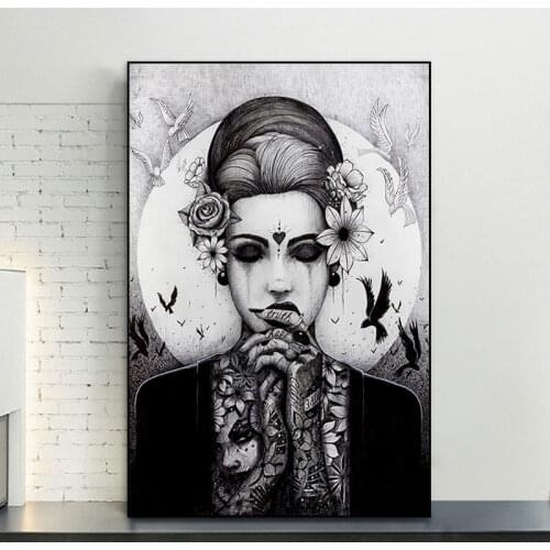 Horror Posters And Prints Black And White Wall Art Canvas Painting Tattooed Japanese Woman Pictures for Room Decoration cuadros